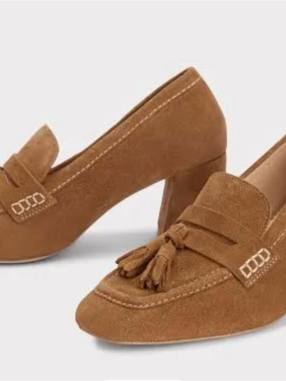 BODEN Suede Tassel Block Heel Loafers in Brown
